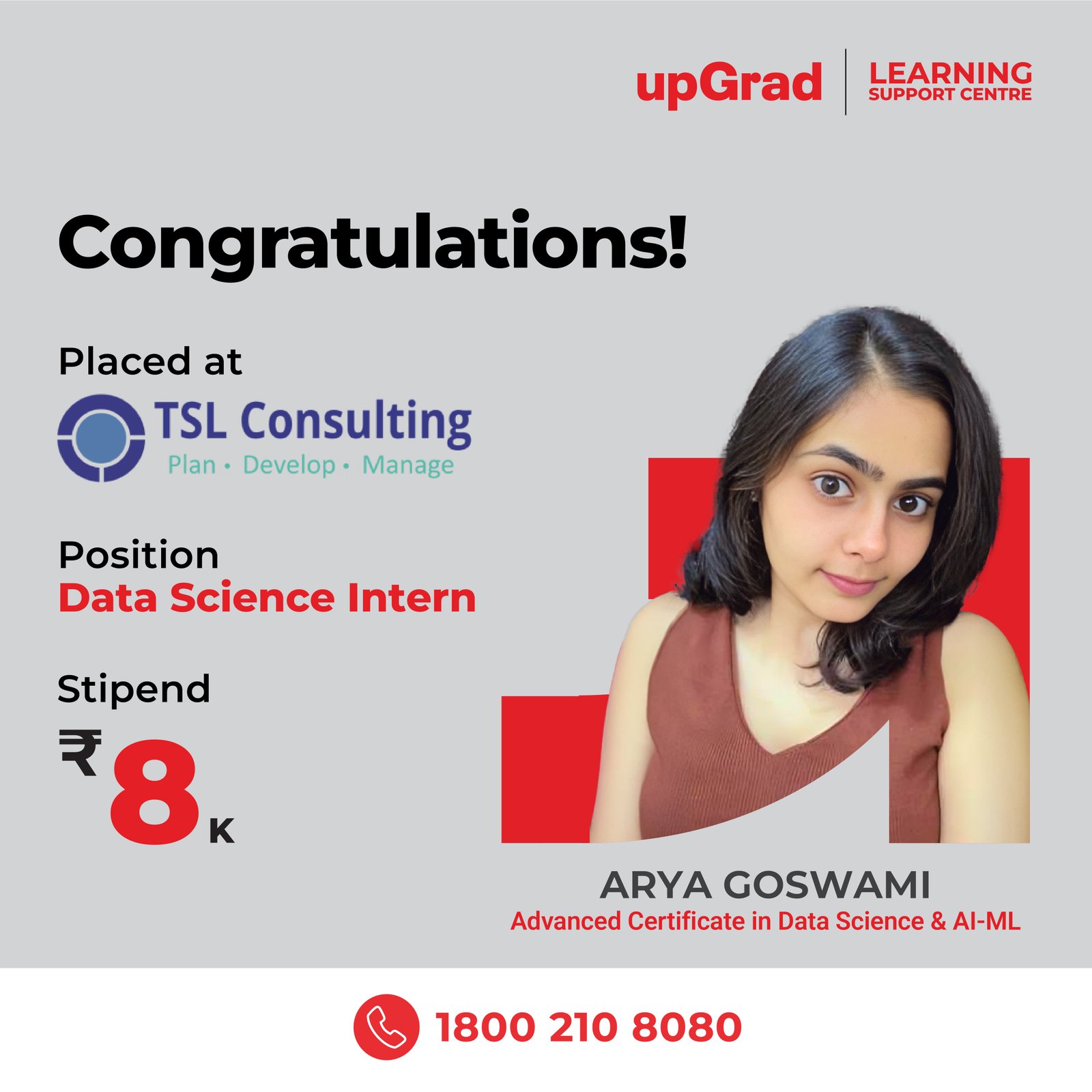 Arya Goswami placed at TSL Consulting as a Data Science Intern with a stipend of 8K